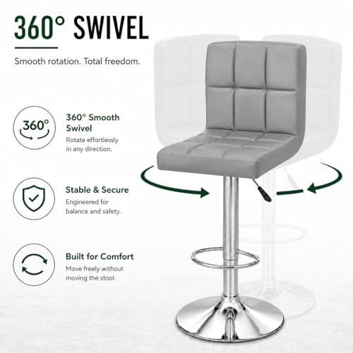 Image of Kemon KaiMeng Modern Adjustable Swivel Bar Stool Chair with Backrest, PU Leather Hydraulic Counter Stool with Footrest for Kitchen Island, Cafe & Home Bar, Grey, Square Tufted Back Stool