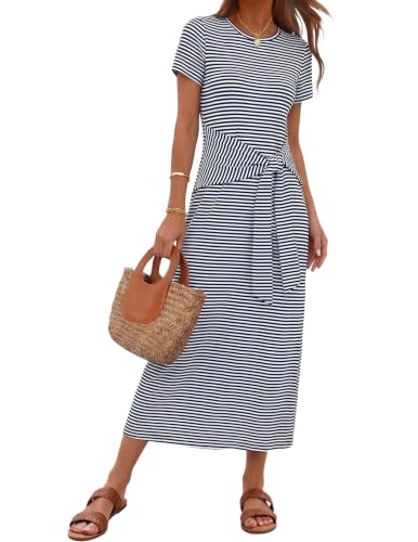 MEROKEETY Womens Summer T Shirt Casual Work Wrap Maxi Dress, Stripenavy, XL