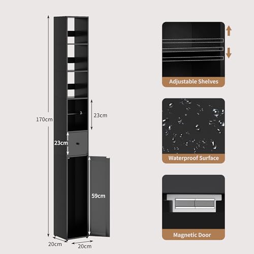 VECELO Bathroom Tall Cabinet, Freestanding Slim Storage Cupboard with Adjustable Shelves and Toilet Paper Scroll, Narrow Organizer Unit for Bedroom Living Room Hallway - Image 3