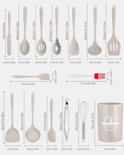 Küchenhelfer Set(Erdgelb),15 Stück Kochutensilien Kochgeschirr,Kochlöffel Set Silikon,Hitzebeständiger Antihaft Kochset mit Utensilienhalter,Spülmaschinenfest