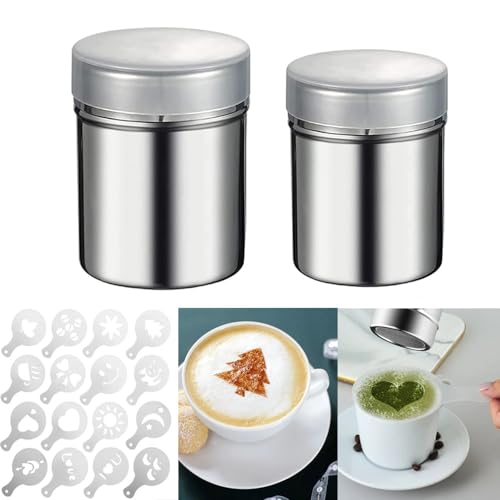 2 Stück Puderzuckerstreuer Kakaostreuer für Cappuccino - 16 Stück Druckform-Schablonen, Kaffee Zubehör Edelstahl-Pulverstreuer, Mehlstreuer mit Deckel
