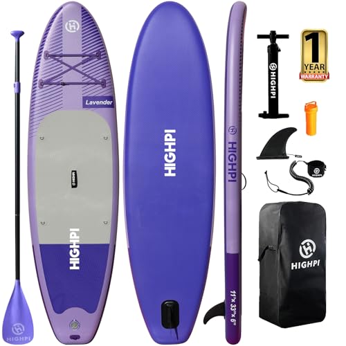 Highpi Inflatable Stand Up Paddle Board 11'x33''x6''W Premium SUP Accessories, Backpack, Wide Stance, Surf Control, Non-Slip Deck, Leash, Paddle and Pump,Standing Boat for Youth & Adult