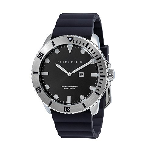 Perry Ellis Mens Watch Deep Diver Quartz Luminous Watch with Date Silicone Waterproof Black Dial 02001-03