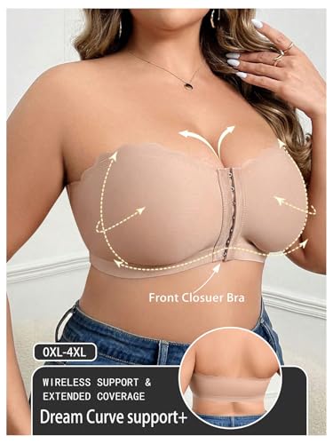 Image of MakeMeChic Women's Plus Size Strapless Bras Front Closure Half Push Up Bra Bandeau Wireless Bralette for Large Bust