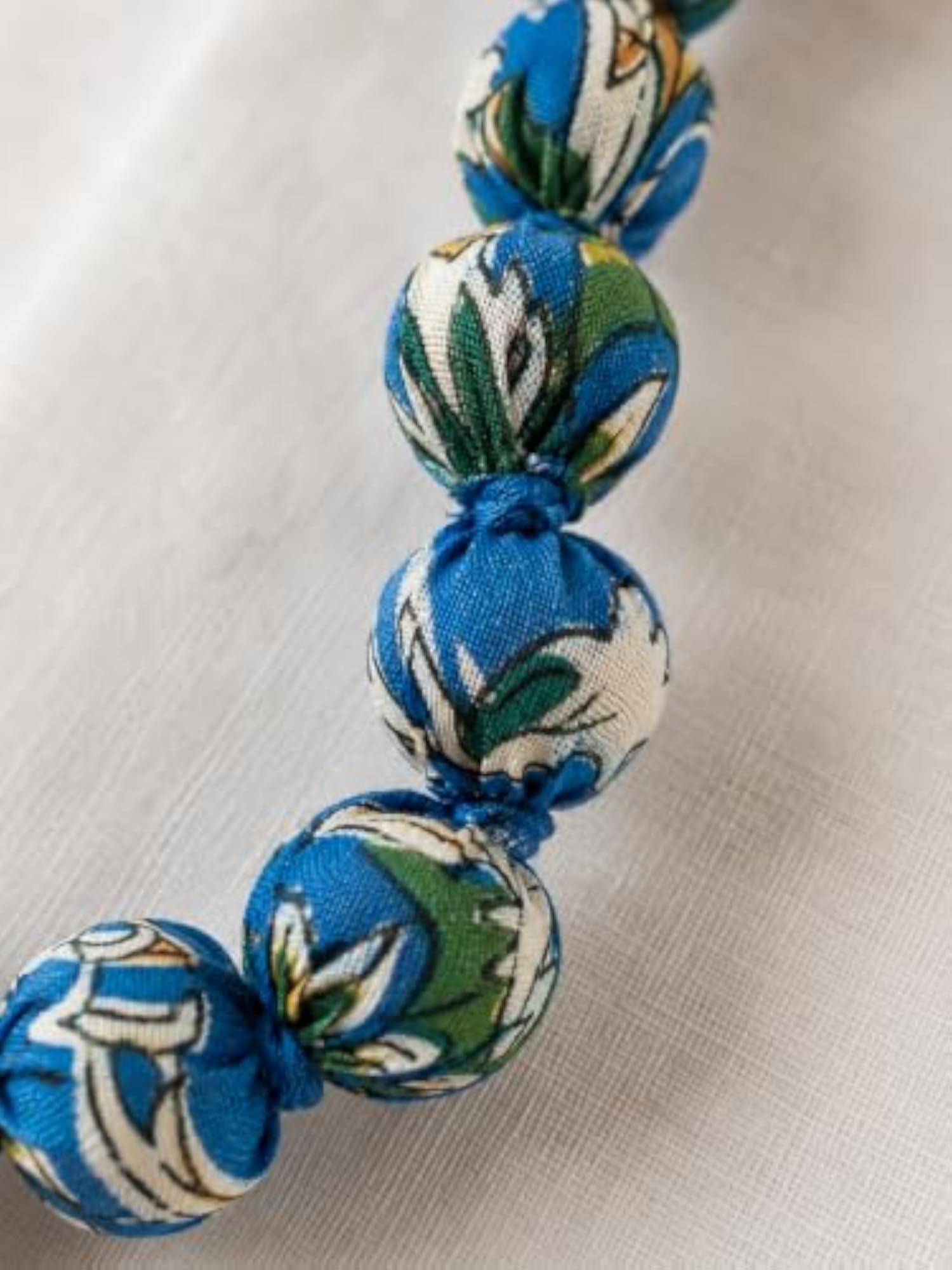 Handcrafted Blue Floral Cotton Fabric Bead Mala Necklace for Women