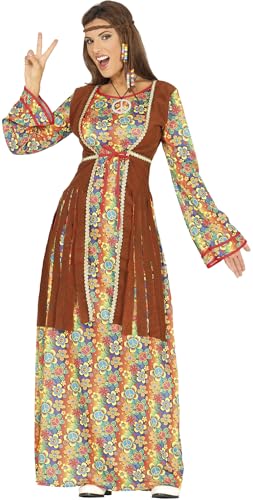 Costume hippie femme avec robe rétro années 60 et gilet déguisement adulte pour Halloween