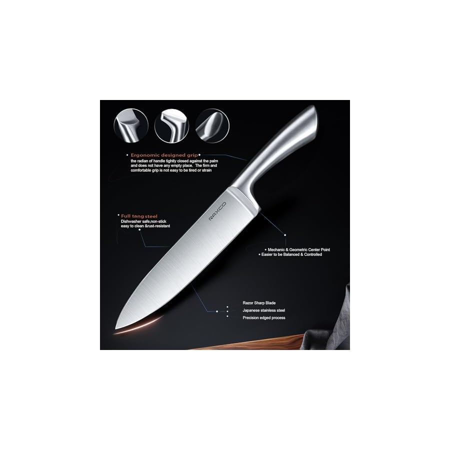 Raxco Kitchen Knife Set with Block & Built-In Sharpener, Stainless Steel Kitchen Knives, Dishwasher Safe, Oak（19-1）