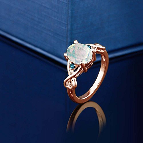 Gem Stone King 0.66 Ct Oval Cabochon White Simulated Opal Blue Diamond 18K Rose Gold Plated Silver Ring4