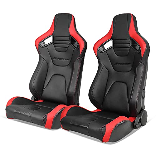 IKON MOTORSPORTS, Universal Racing Seats Pair with Dual Sliders, PU & Carbon Leather Red Stripe Reclinable Left Right
