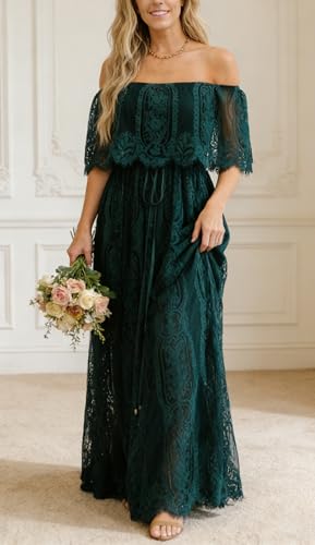 Image of HOYISHION Women's Off The Shoulder Floral Lace Maxi Dress White Bridesmaid Wedding Party Maternity Photoshoot Long Dresses