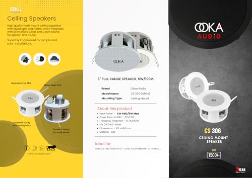 Image of CS306 in-Ceiling Speaker | 3 inch Full Range 6W RMS 100V | Background Music in-Ceiling Mount Speaker | ABS Body & Metal Mesh Grill | Ideal for Home Office Hotel Cafe Commercial Use - White