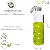 Capacidad: 500 ml. ORYX 5075055 Botella Agua de Cristal con Funda Goma y Tapón An, Plateado