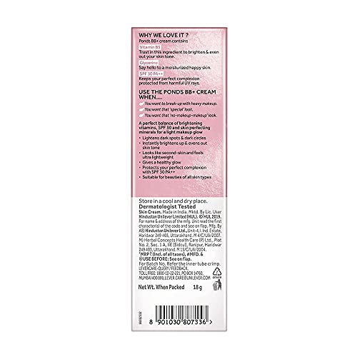 POND’S BB+ Cream Natural Shade, Light Coverage with SPF 30 PA++, 18 g (0.63 oz)
