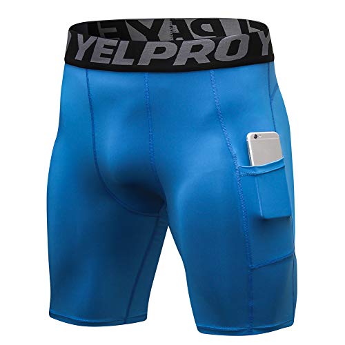 Yishengwan Mallas Cortas Hombre Secado Rápido con Bolsillo Pantalones Cortos de Compresión para Correr Gimnasio Fitness Gym Azul L