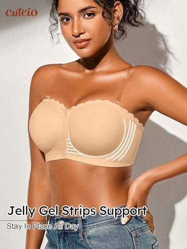 Image of Strapless Bras for Women, XS-XL, Front Closure Anti-Slip Comfortable Bandeau Top, Wavy Edge Padded Bra
