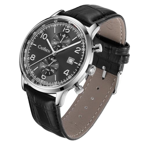 CADISEN Homage Men's Quartz Watches Japan Movement Leather Band Waterproof Sport Chronograph Watch (Black)