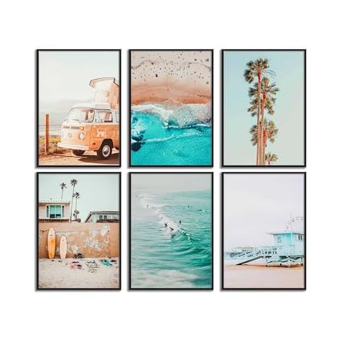 6Pcs Beach Wall Art Coastal Nature Scenery Wall Decor Pictures Blue Ocean Surf Posters Prints Beachy Wave Canvas Summer Tropical Palm Tree Paintings for Young Men And Women Room Unframed Cover