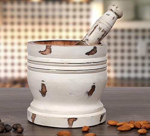 Rustic Style Handmade Wooden Mortar & Pestle Set, Herb Spice Grinder Masala, Mixer Manual Kharal Mashing Bowl Seasonings, Pill Crusher, Kitchen Utensils, Garlic Press, Coffee Grinder - Distress White #TOP2