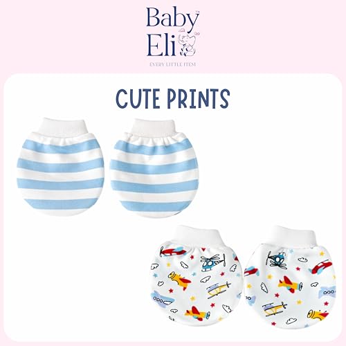 Image of Baby Eli Cotton Newborn Mittens (Picot Wrist) Set of 6 for Baby Boys & Girls 0-6 Months | Soft and Cozy Unisex Infant Gloves | Assorted Baby Hand Gloves | Adjustable Scratch Protection