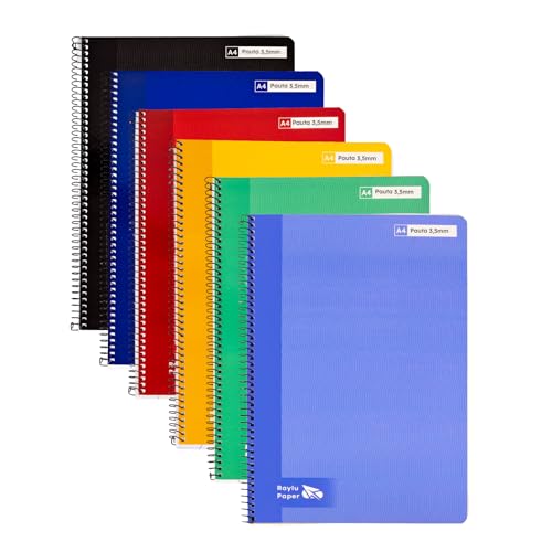 RAYLU PAPER - Pack 6 Cuadernos Tapa Dura con Espiral, 80 Hojas 70g, Cuadernos de Colores Vivos, Libretas para Escuela, Oficina, Apuntes y Estudio (Pauta 3,5mm, A4)