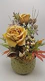  Seidenblumengesteck Herbstgesteck Kunstblumen Rose Beeren Laub Zapfen gelb