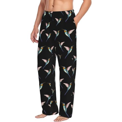 Novastar Mens Pajama Pants Bottoms With Pockets- Hummingbird Print Black Soft Mens Pj Pants, Comfy Men Lounge Pants