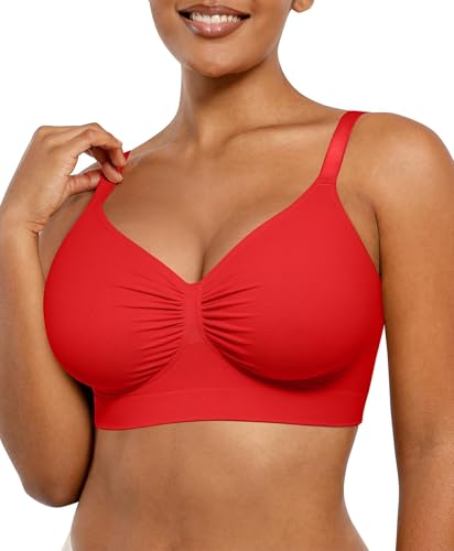 Image of SHAPELLX Bra Wireless Comfy Stretchy Bralatte Lounging Everyday Bras Red L | No wire, light support, unpadded, 4-row hook, comfort, breathable, seamless, back smoothing, for lounge sleeping daily wear