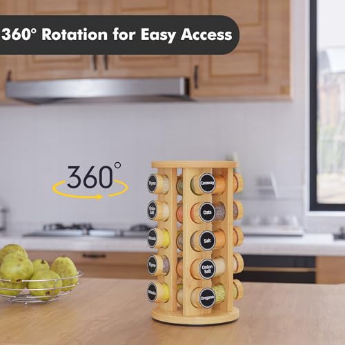 Image of New England Stories Revolving Spice Rack Set with 20 Spice Jars, Kitchen Spice Tower Organizer for Countertop or Cabinet - Carousel Storage Includes 386 Spice Labels (Bamboo)