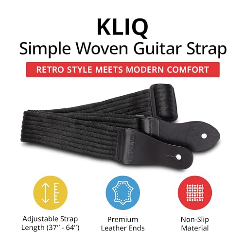 KLIQ Vintage Woven Guitar Strap for Acoustic and Electric Guitars (Simple Woven, Black)