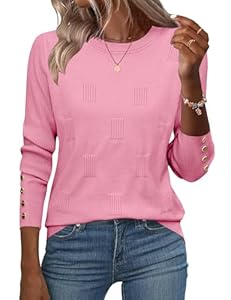 Rapbin Pullover Damen Langarmshirt Rundhals-Knöpfe Langarm Oberteile Weich Herbst Mode Lässig Einfarbig Bluse Rosa