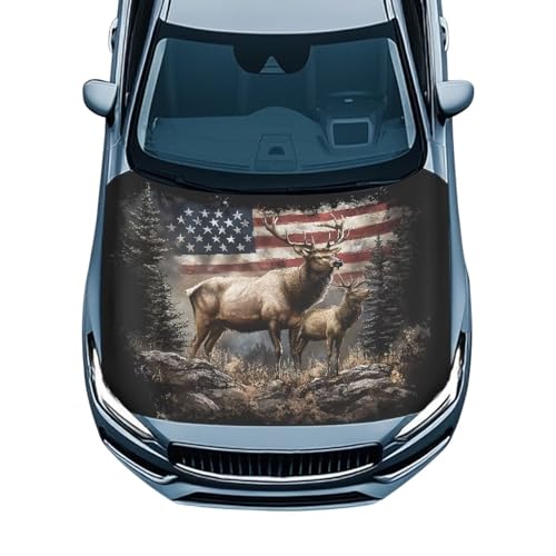 Image of Elk USA Flag Car Hood Cover Polyester Elastic Fabrics Can be Washed Suitable for Large SUV and Pickup Trucks