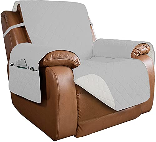 Image of PureFit Reversible Quilted Sofa Cover, Water Resistant Slipcover Furniture Protector, Washable Couch Cover with Non Slip and Elastic Straps for Kids, Dogs (Oversized Recliner, Light Gray /Ivory)