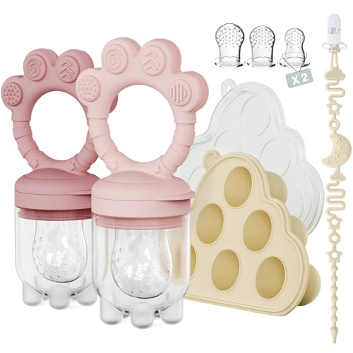 Image of 2 Pack Baby Fruit Food Feeder+Breastmilk Popsicle Molds,Baby Teethers,BPA Free,2mm Fine Holes to Prevent Choking,Perfect for Teething Relief & Infant Solid Food Introduction,3M+（Mauve Pink, Soft Pink）