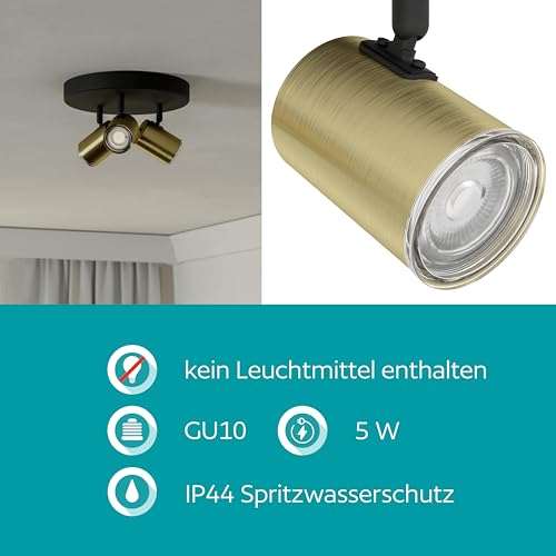 EGLO Deckenlampe Consuma 1, runder Deckenstrahler 3-flammig, Spot Deckenleuchte Badezimmer, Badlampe Decke aus Metall in Schwarz und Messing, GU10 Fassung, IP44