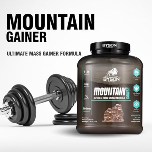 Image of Byson Nutrition Mountain Ultimate Mass Gainer | Premium Lean Gainer | High Calorie Drink | Bulk Weight Gain | 1116 Calories | 45g Protein | 3g Creatine | 900mg Glutamine (7lbs, Americano Cafe Mocha)