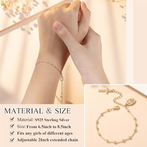 Avotto Virgin Mary Catholic Gifts for Girls Women, 925 Sterling Silver Rosary Beads Cross Bracelet, Baptism/First Communion/Confirmation Gifts3