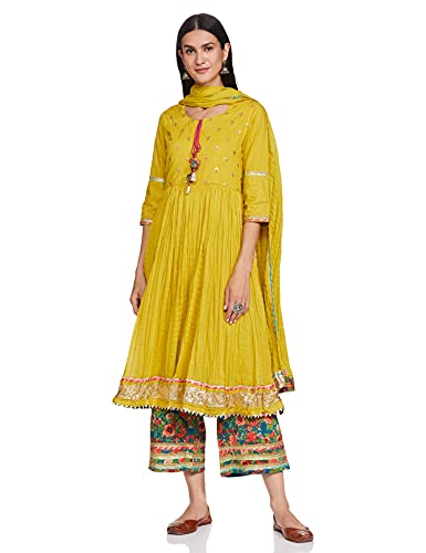 Image of BIBA Women Cotton SOLID STRAIGHT SALWAR KURTA DUPATTA(SKD7670_LIME GREEN_36)
