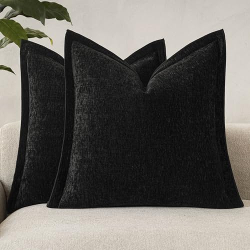 vivrudil Decorative Chenille Luxury Throw Pillow Covers with Wide Edge, Textured Solid Pillowcases, Soft Velvet Cushion Cover Home Décor for Couch Sofa Living Room,18×18 Inch, Set of 2, Black