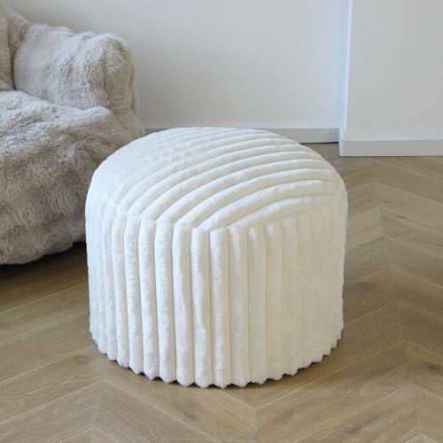 DAWNYIELD Puff Taburete, Puff Redondo de Pelo Sintético Suave - Reposapiés con Relleno de Espuma, 38 x 50 cm, Otomana Multiusos para Salón o Dormitorio, Blanco