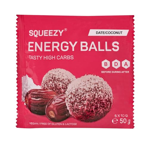 Squeezy Energy Balls (Dattel/Kokosnuss) 10x50g – High-Carb Ausdauersnack mit 71 g Kohlenhydraten | Mit Natrium & Kalium | Fettarm | Kompostierbare Verpackung | Ideal für Sport & unterwegs