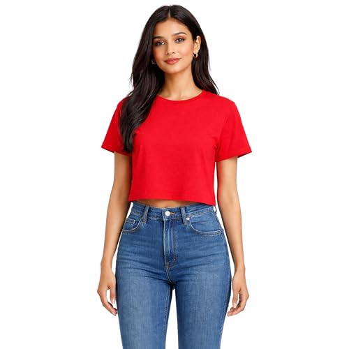 Image of Hangout Hub Women Crop Top T-Shirts | Round Neck Plain Solid Tshirts | Double Weaved | Shrink Free Tees | Casual T-Shirt for Woman Ladies Girls(Cotton|Pack of 3)