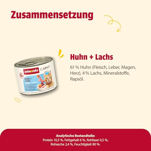 animonda Carny Katzen Nassfutter Huhn + Lachs (6 x 200g), getreidefreies Katzen Nassfutter ohne Zucker, mit frischen fleischigen Zutaten