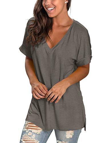 Image of Sampeel Women's V Neck T Shirts Casual Rolled Short Sleeve Side Split Summer Tops Loose Fit