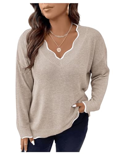 Image of MAKEMECHIC Women's Plus Size Long Sleeve Sweaters Scalloped V Neck Knit Cozy Sweater Pullover