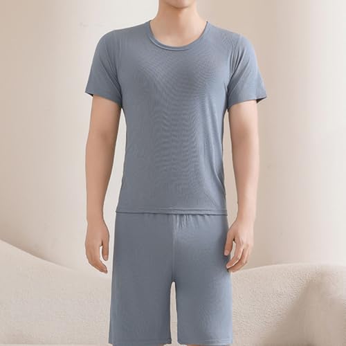 Mens Pajama Short Sets Outfits Soft Solid Color T Shirts and Shorts 2 Piece Lightweight Summer Lounge Sleepwear Set Plus Size2