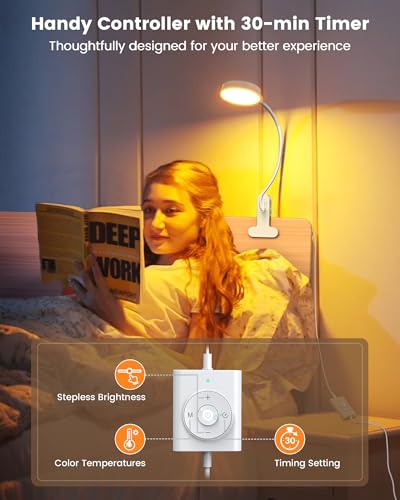 Glocusent 5W Clip on Light, 36 LED Eye Caring Bedside Light, Reading Light for Bed with 3 Colors & 5 Brightness, Perfect for Bed/Books/Reading/Studying/Working (White with Adapter) - Image 5