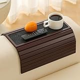 Bamboo Couch Arm Tray Table with Anti-Slip Cork Pad，Foldable Sofa Armrest Tray Table for Couch，Flexible Couch Arm Cup Holder，Portable Sofa Arm Chair Table for Drink, Snacks, Phone, Remote (Mahogany)