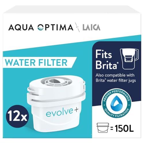 Aqua Optima Evolve+ Cartouche Filtrante à Eau 30 jours, paquet de 12 (jusqu'à 12 mois d'approvisionnement), Compatible avec plus de 90% des carafes filtrantes, y compris Brita Maxtra et Maxtra+
