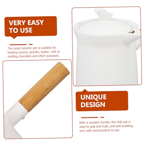 Alipis Teapot Ceramic Milk Pot Butter Warmer with Lid Wooden Handle Milk Pan Coffee Pot Milk Jug Sauce Pan Milk Warmer Small Cooking Pot for Milk Coffee Butter Sauce 350 ml - Image 6