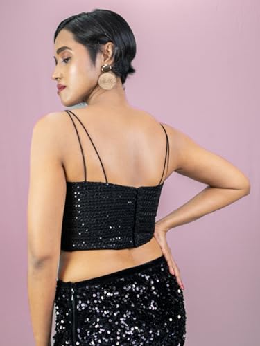 Image of FIGURE'S DESIGNER Women's Spagehtti Neck Strap Sequin Embroidered Sleeveless Readymade Saree Blouse E22